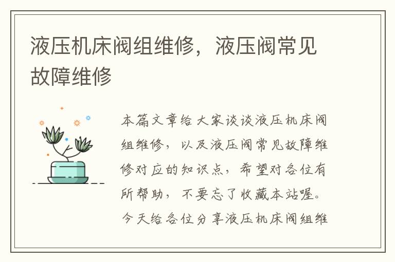 液压机床阀组维修,液压阀常见故障维修