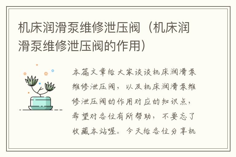 机床润滑泵维修泄压阀(机床润滑泵维修泄压阀的作用)